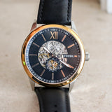 FOSSIL FLYNN Automatic Watch 22 Jewels 48mm Semi Skeleton Wristwatch Ref. BQ2216