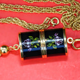 Vintage Ladies BUCHERER Q Pendant Swiss Watch Black Decorated Enamel Case - Multi Link Long Chain