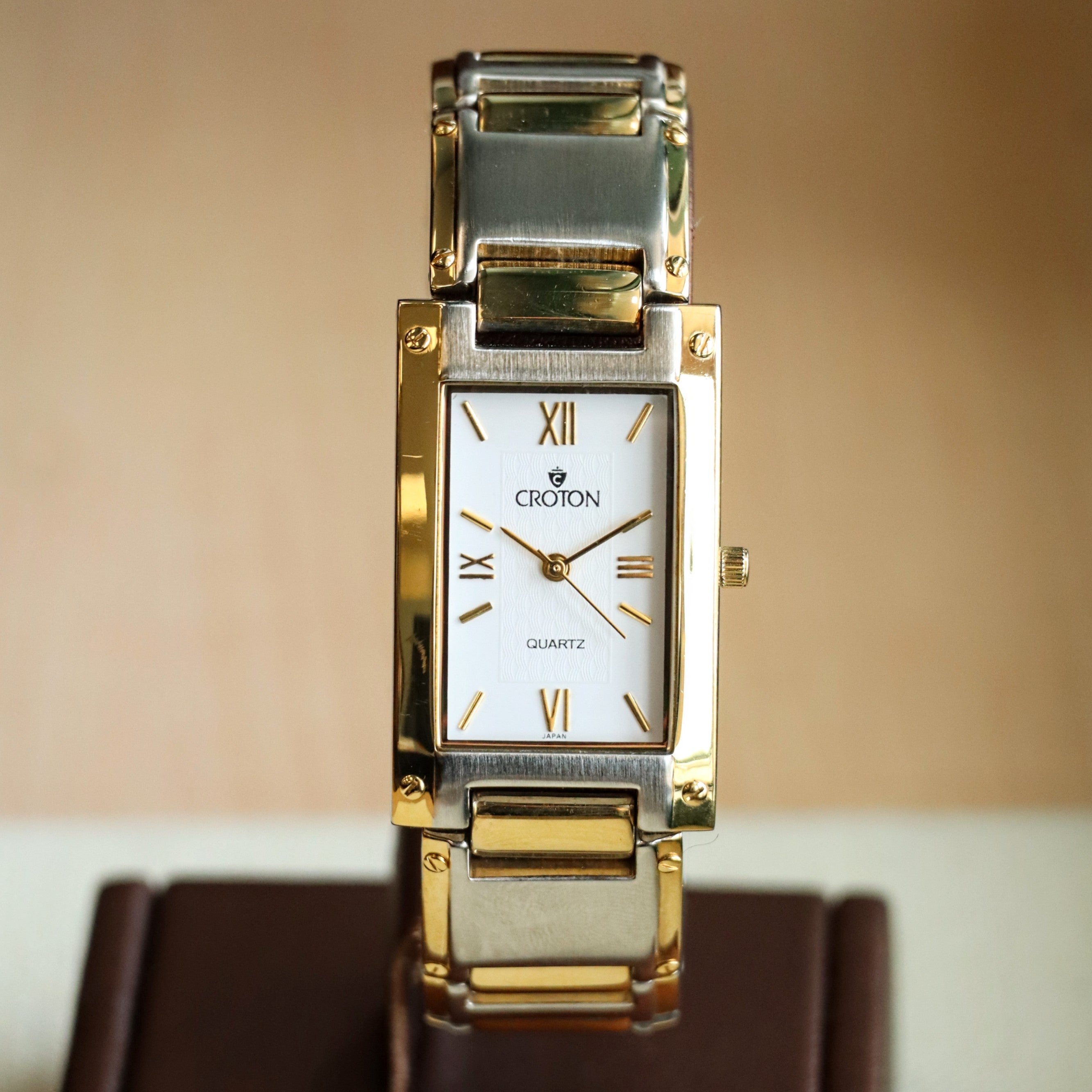 Croton Tank Vintage Croton Quartz Watch Two-Tone Tank Case & Bracelet 23K Gold Pla ...