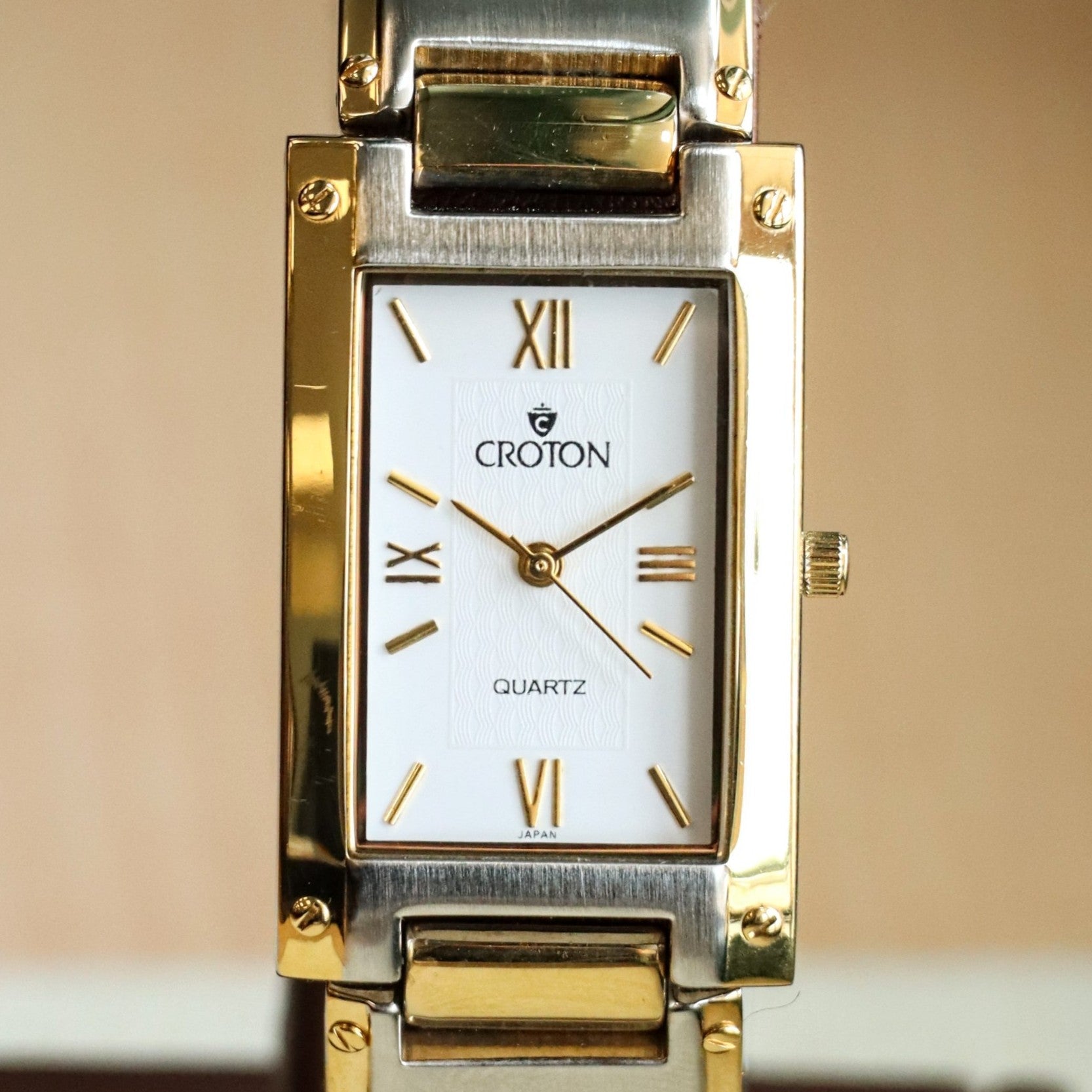 Vintage Croton Quartz Watch Two-Tone Tank Case & Bracelet 23K Gold Pla ...