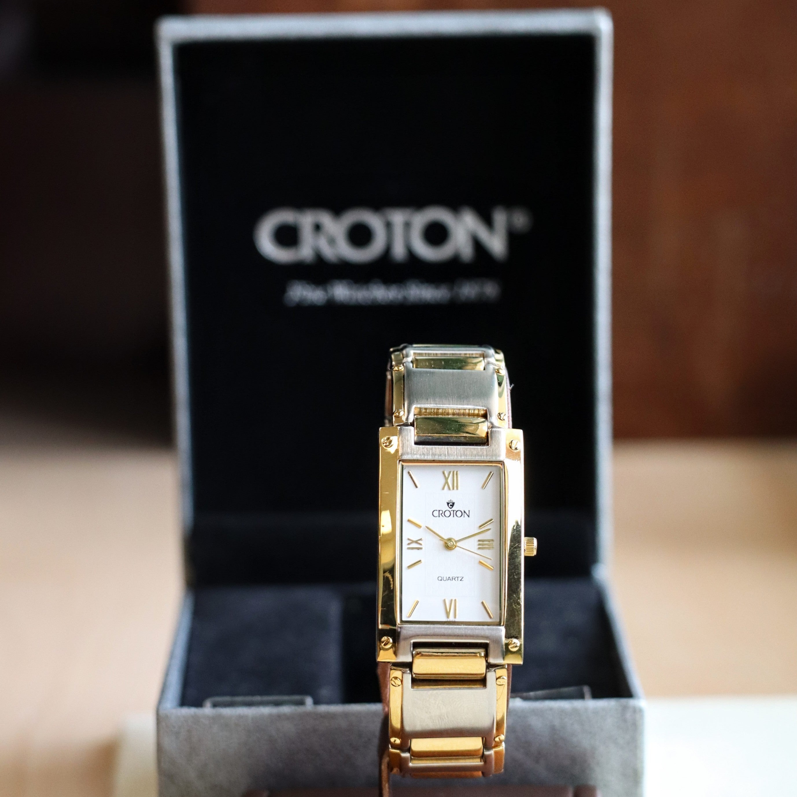 Vintage Croton Quartz Watch Two-Tone Tank Case & Bracelet 23K Gold Pla ...