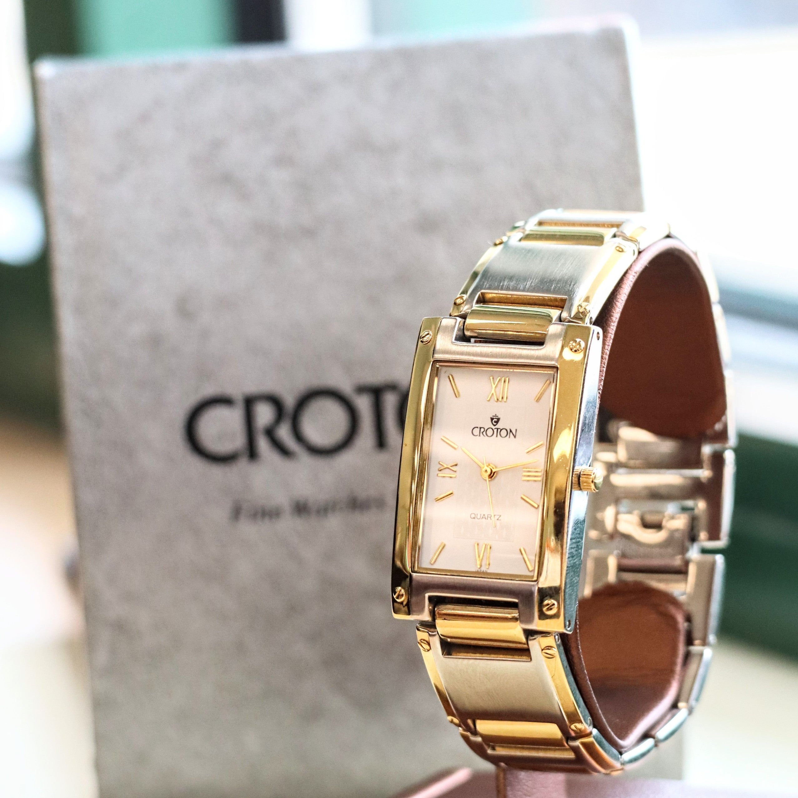 Vintage Croton Quartz Watch Two-Tone Tank Case & Bracelet 23K Gold Pla ...