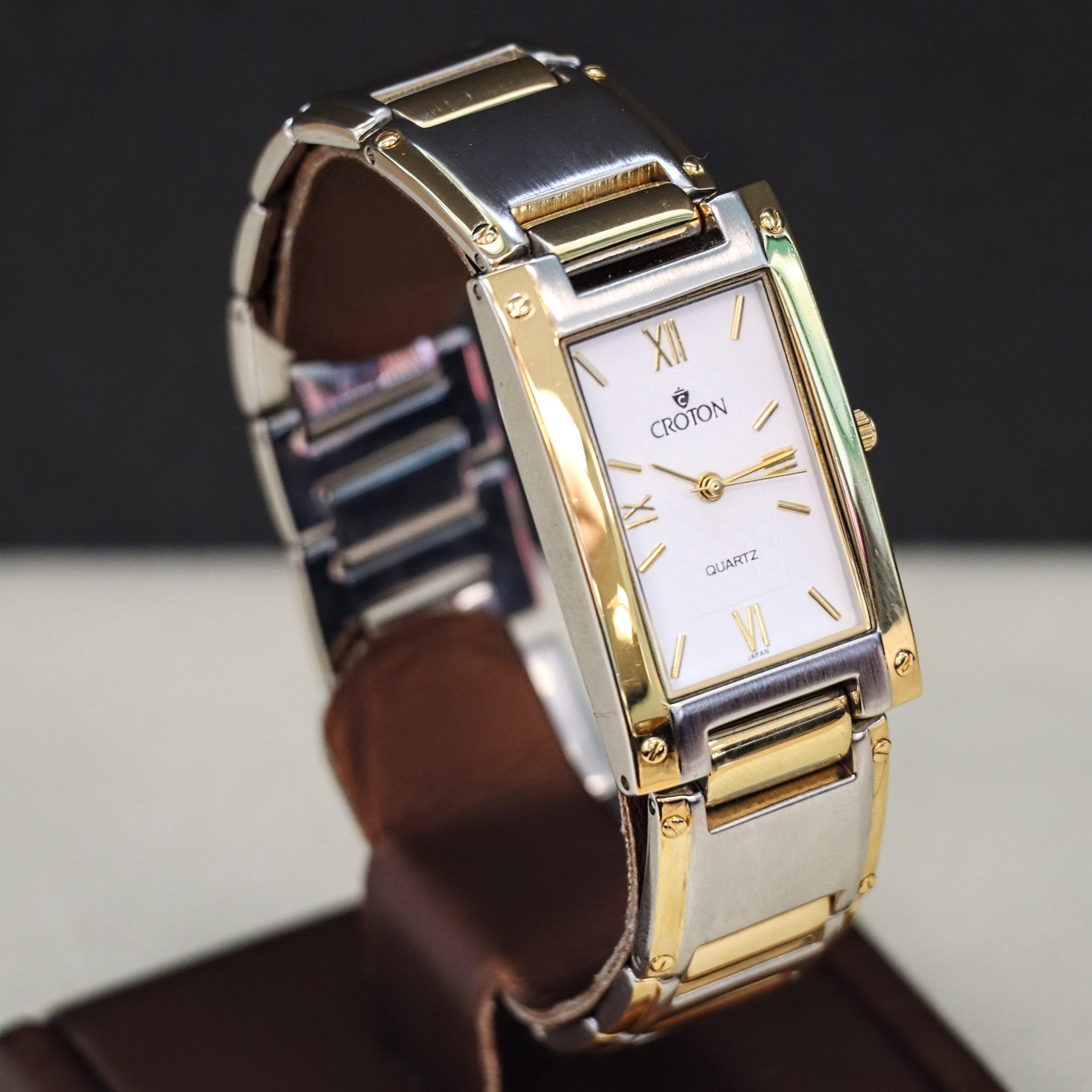 Vintage Croton Quartz Watch Two-Tone Tank Case & Bracelet 23K Gold Pla ...