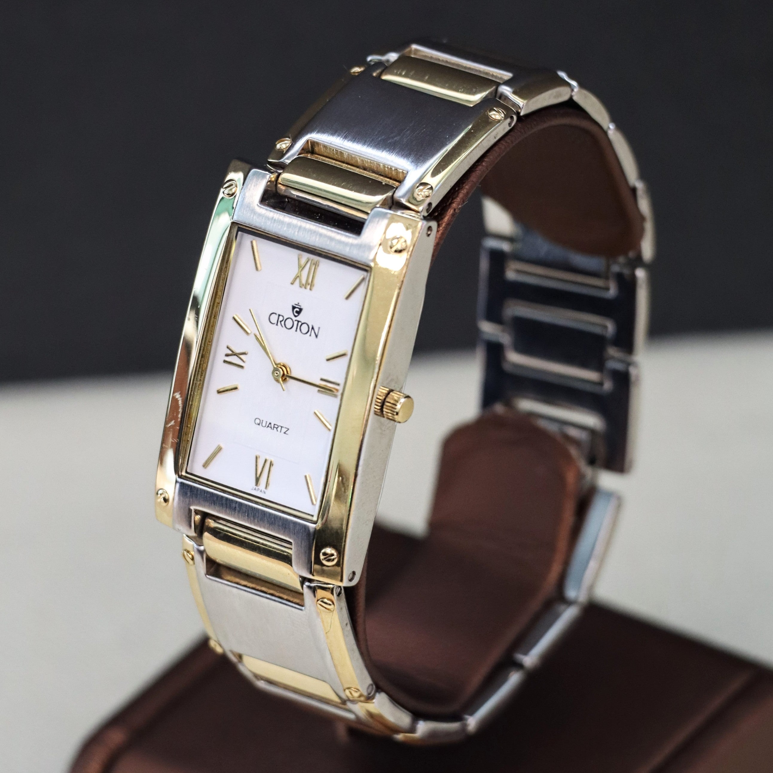 Vintage Croton Quartz Watch Two-Tone Tank Case & Bracelet 23K Gold Pla ...