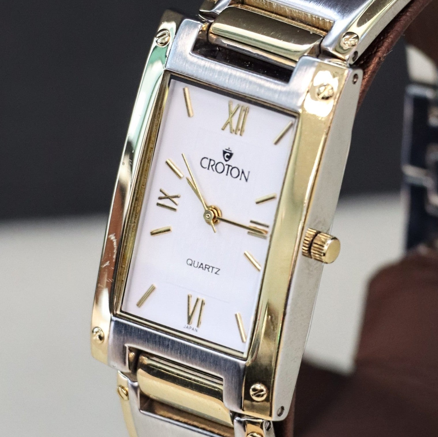 Croton Tank Vintage Croton Quartz Watch Two-Tone Tank Case & Bracelet 23K Gold Pla ...