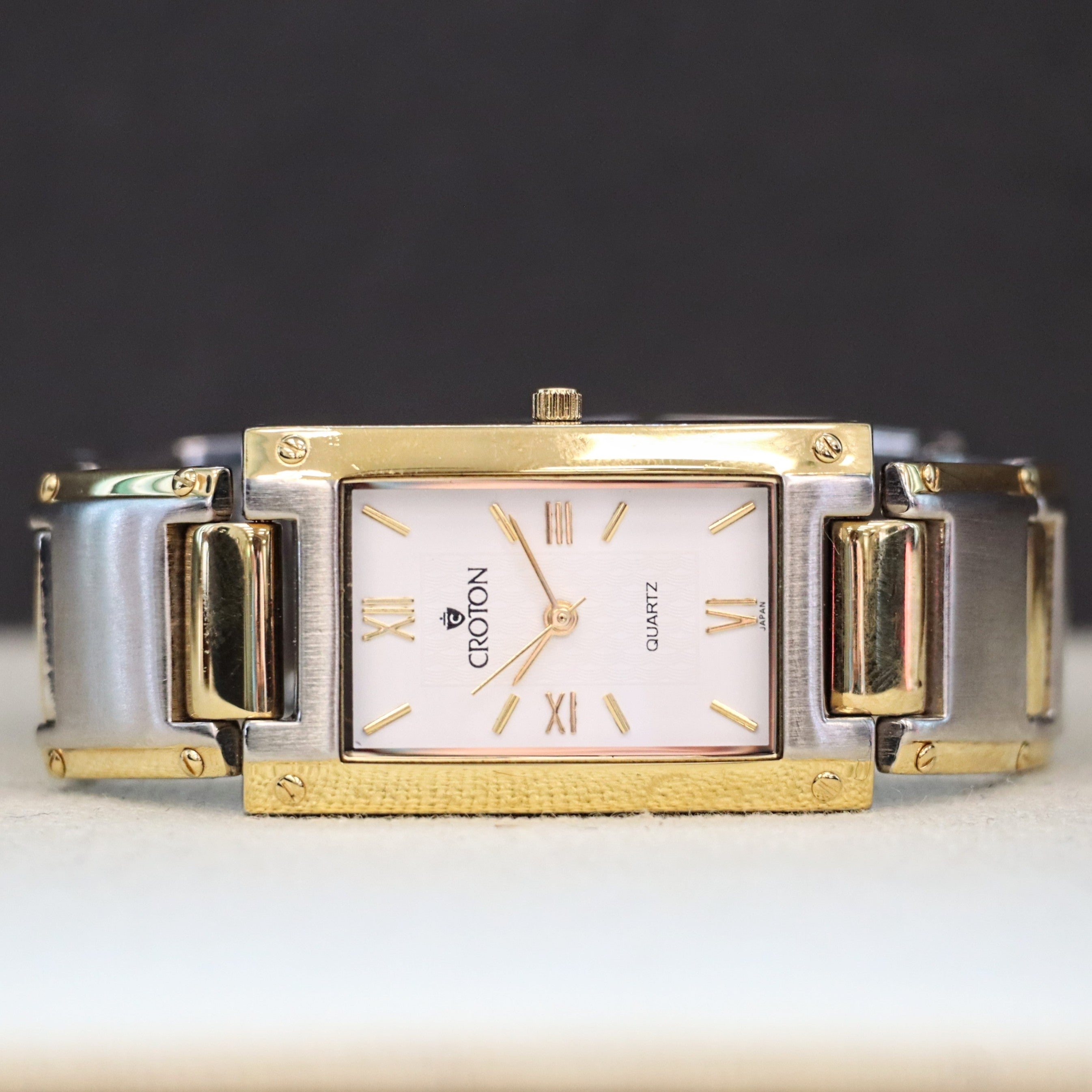 Croton Tank Vintage Croton Quartz Watch Two-Tone Tank Case & Bracelet 23K Gold Pla ...