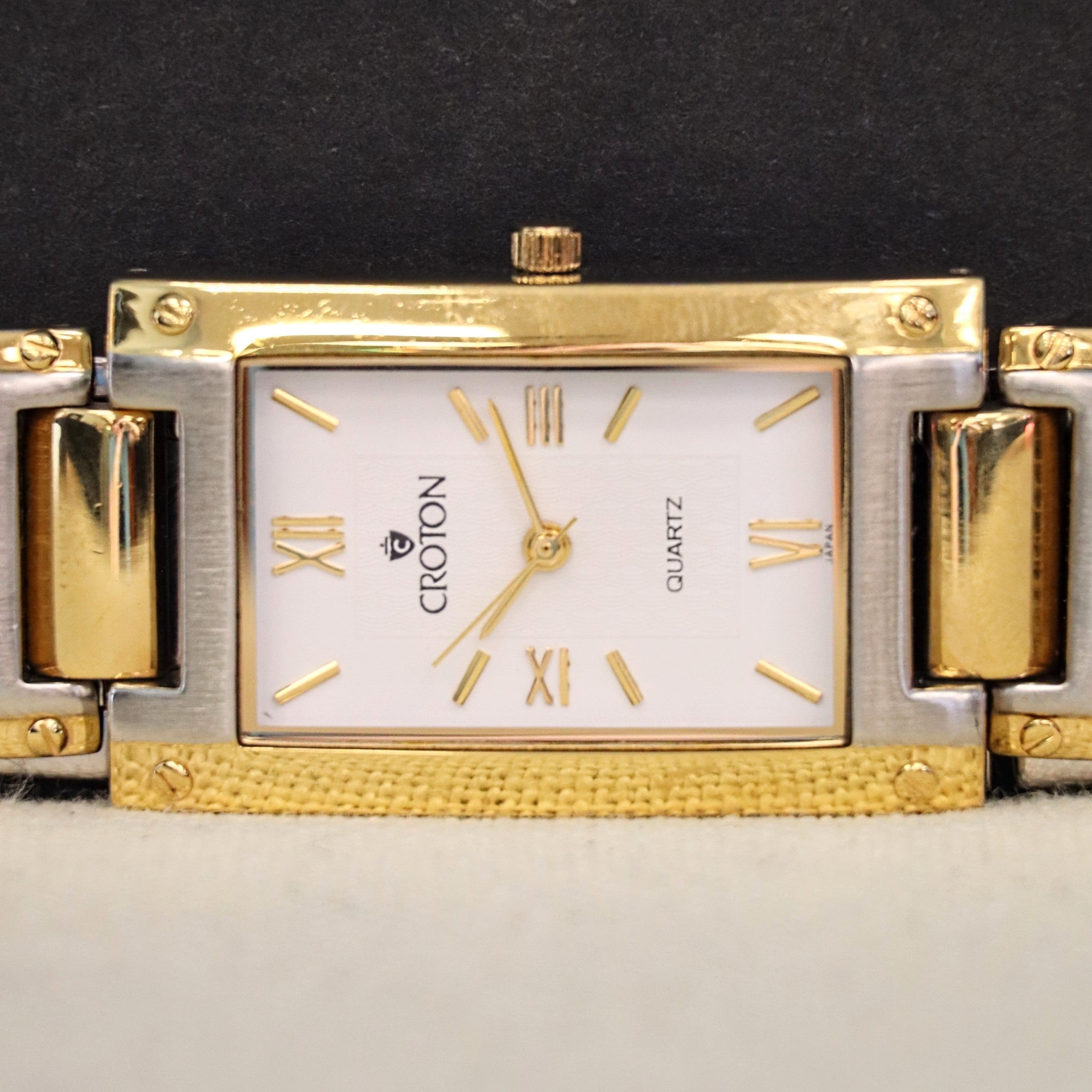 Croton Tank Vintage Croton Quartz Watch Two-Tone Tank Case & Bracelet 23K Gold Pla ...