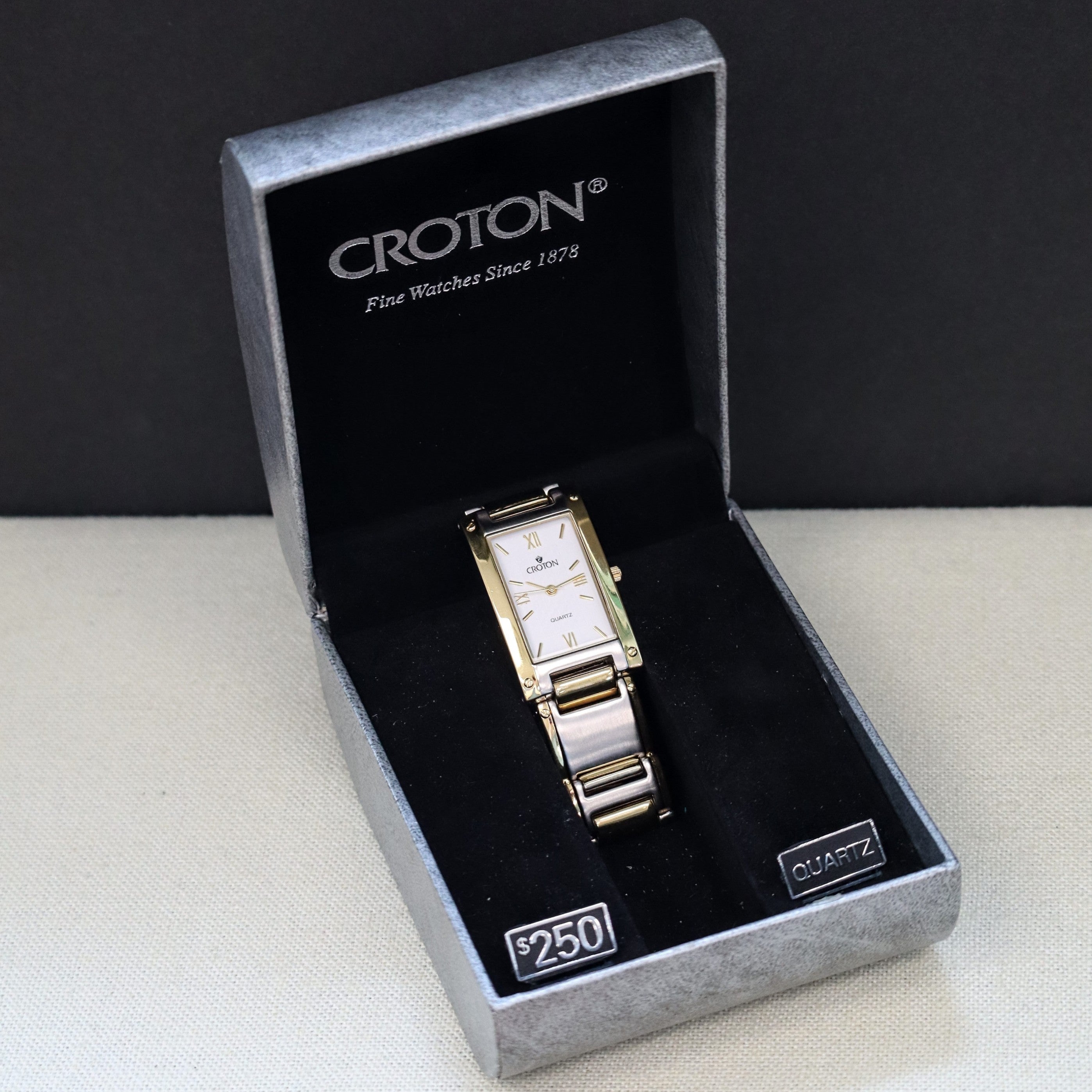Croton Tank Vintage Croton Quartz Watch Two-Tone Tank Case & Bracelet 23K Gold Pla ...