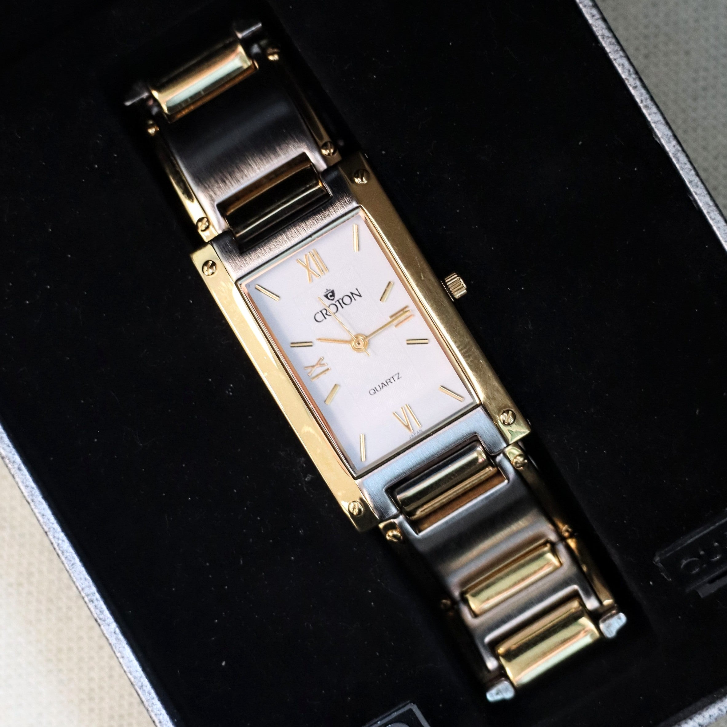 Croton Tank Vintage Croton Quartz Watch Two-Tone Tank Case & Bracelet 23K Gold Pla ...