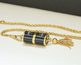 Vintage Ladies BUCHERER Q Pendant Swiss Watch Black Decorated Enamel Case - Multi Link Long Chain