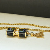 Vintage Ladies BUCHERER Q Pendant Swiss Watch Black Decorated Enamel Case - Multi Link Long Chain