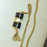 Vintage Ladies BUCHERER Q Pendant Swiss Watch Black Decorated Enamel Case - Multi Link Long Chain