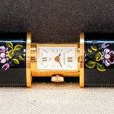Vintage Ladies BUCHERER Q Pendant Swiss Watch Black Decorated Enamel Case - Multi Link Long Chain