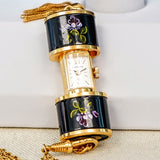 Vintage Ladies BUCHERER Q Pendant Swiss Watch Black Decorated Enamel Case - Multi Link Long Chain