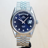 ORIENT Automatic Sapphire Watch President Oyster Ref. EV0J-C0-B Wristwatch Blue & Diamond Dial