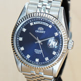 ORIENT Automatic Sapphire Watch President Oyster Ref. EV0J-C0-B Wristwatch Blue & Diamond Dial