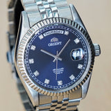 ORIENT Automatic Sapphire Watch President Oyster Ref. EV0J-C0-B Wristwatch Blue & Diamond Dial