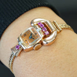 LUCIEN PICCARD Art Deco Ladies' 14K Rose Gold Cocktail Watch – 'Telephone' Design Rubies & Diamonds Wristwatch