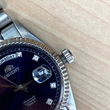 ORIENT Automatic Sapphire Watch President Oyster Ref. EV0J-C0-B Wristwatch Blue & Diamond Dial