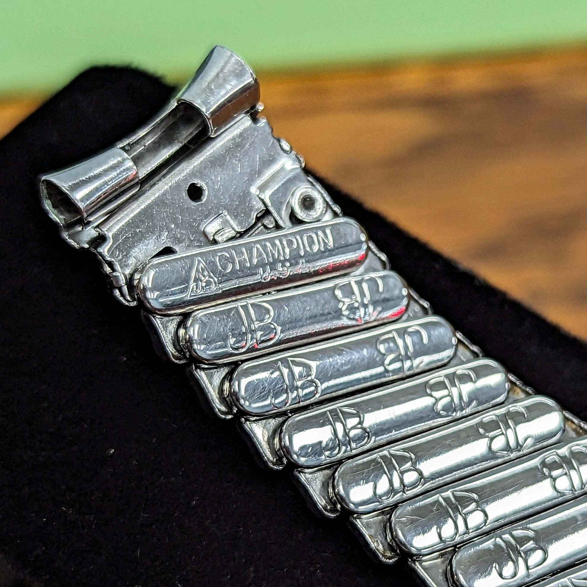 Vintage JB CHAMPION U.S.A. 17mm Watch Bracelet Center Scissor Expansion Band ALL Stainless-Steel