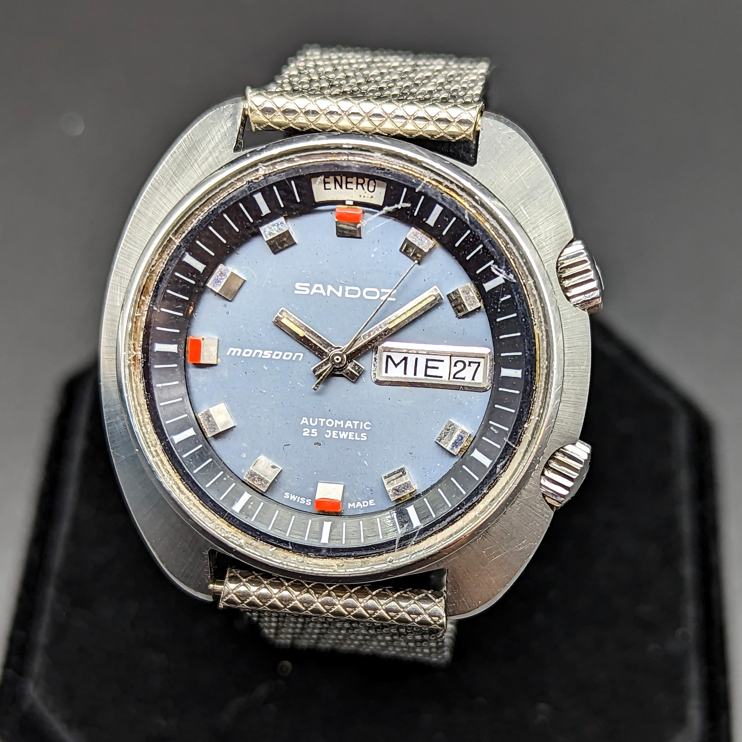 1970s SANDOZ Monsoon Automatic Watch Triple Date Swiss Made Wristwatch