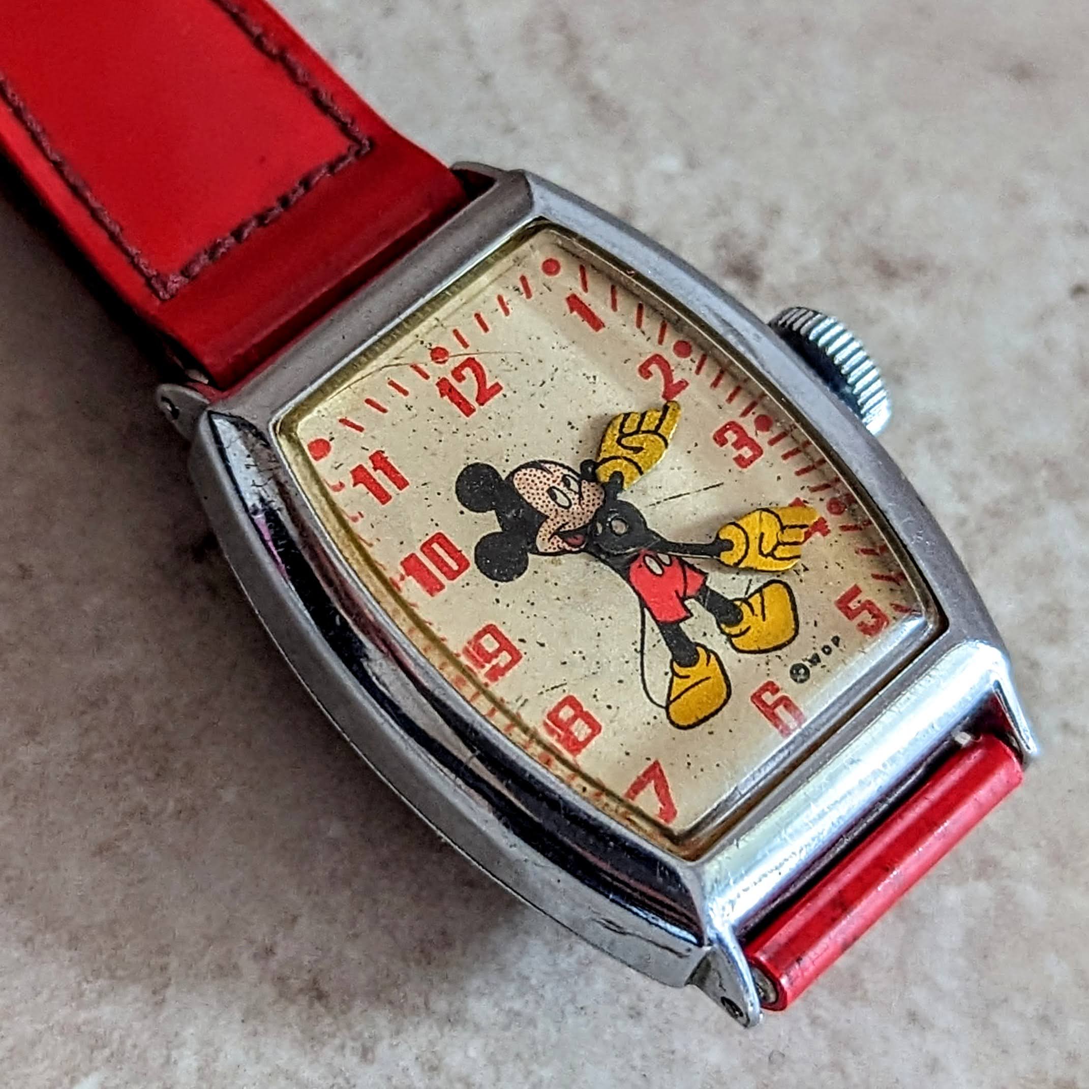 1948 MICKEY MOUSE Watch by Ingersoll – US Time Tank Case Original Red Strap