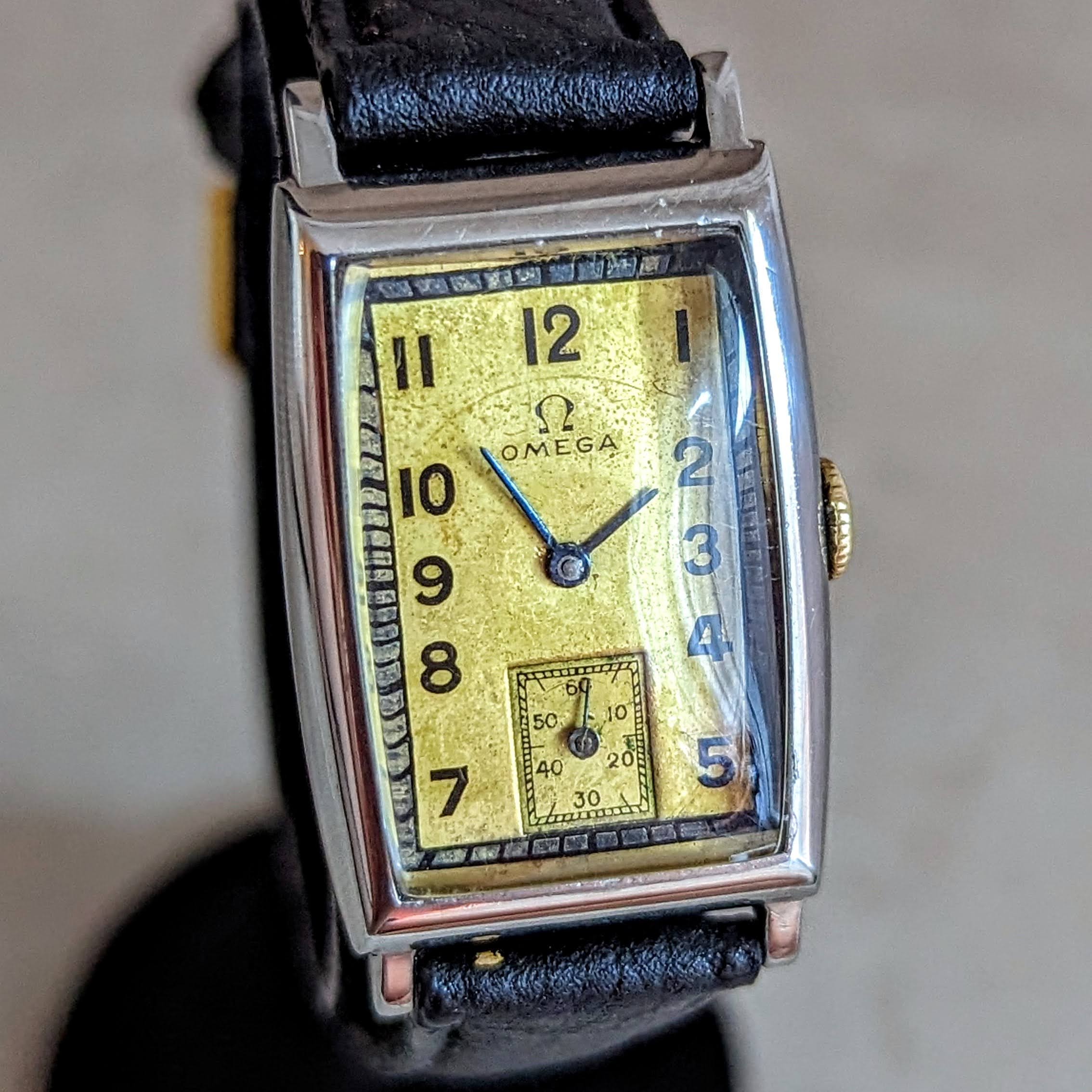 1934 OMEGA Art Deco Wristwatch Cal. T17 15 Jewels Tank Case ALL S.S. Vintage Watch