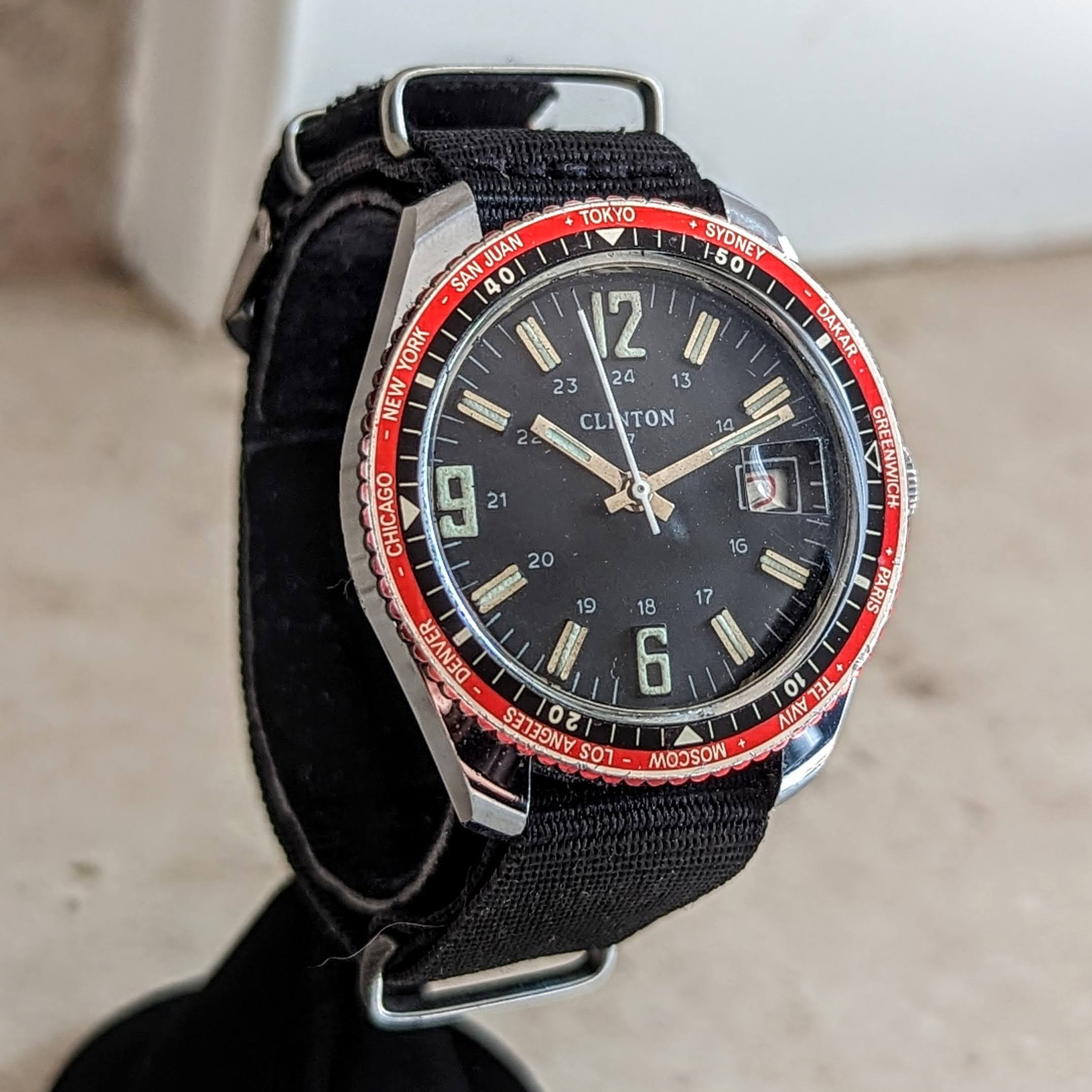 Vintage CLINTON Wristwatch Date & World Time Watch 17 Jewels GMT Watch