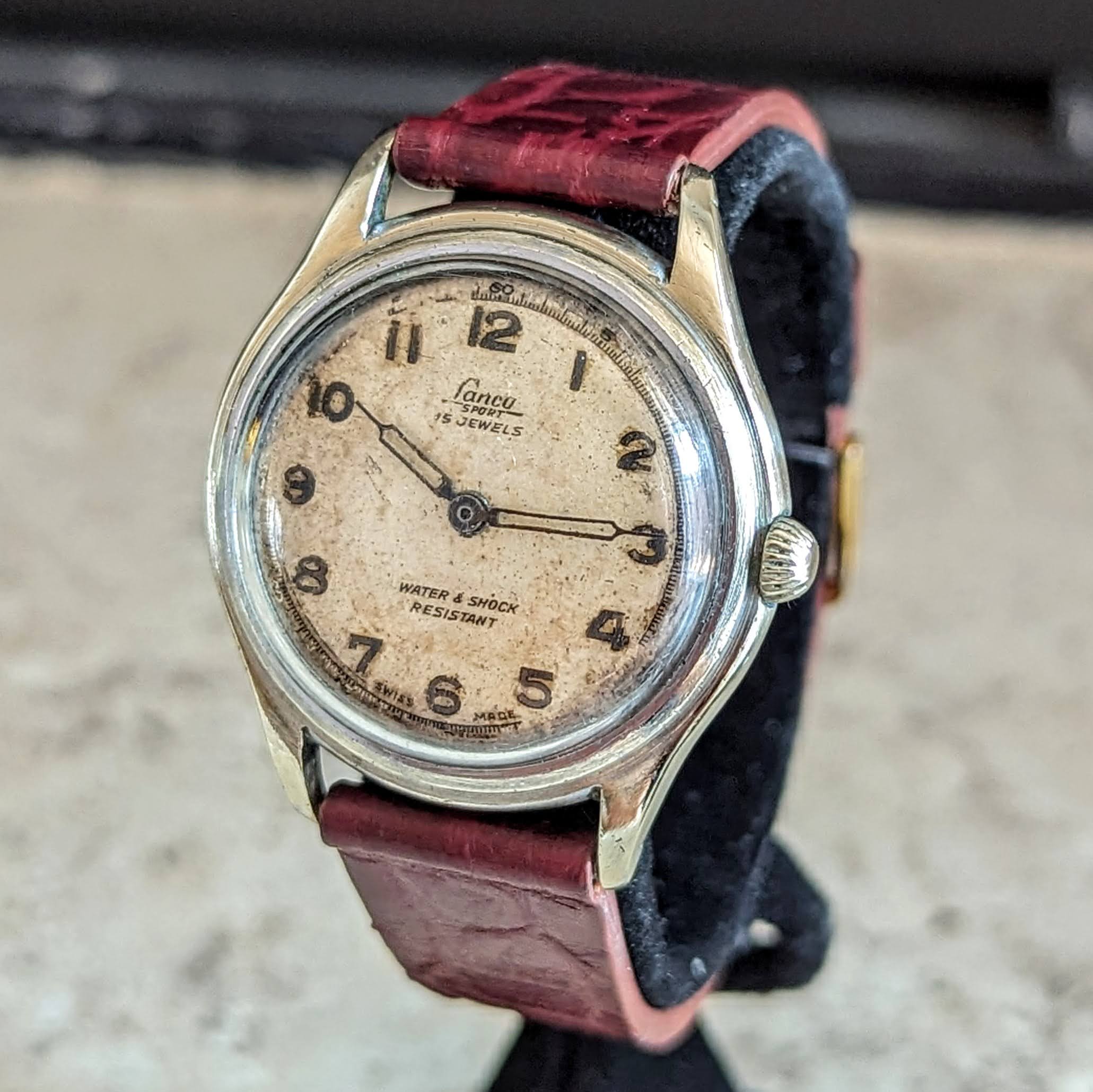 1950's LANCO Sport Watch 15 Rubis Cal. 1064 Water & Shock Resistant Military Style Wristwatch