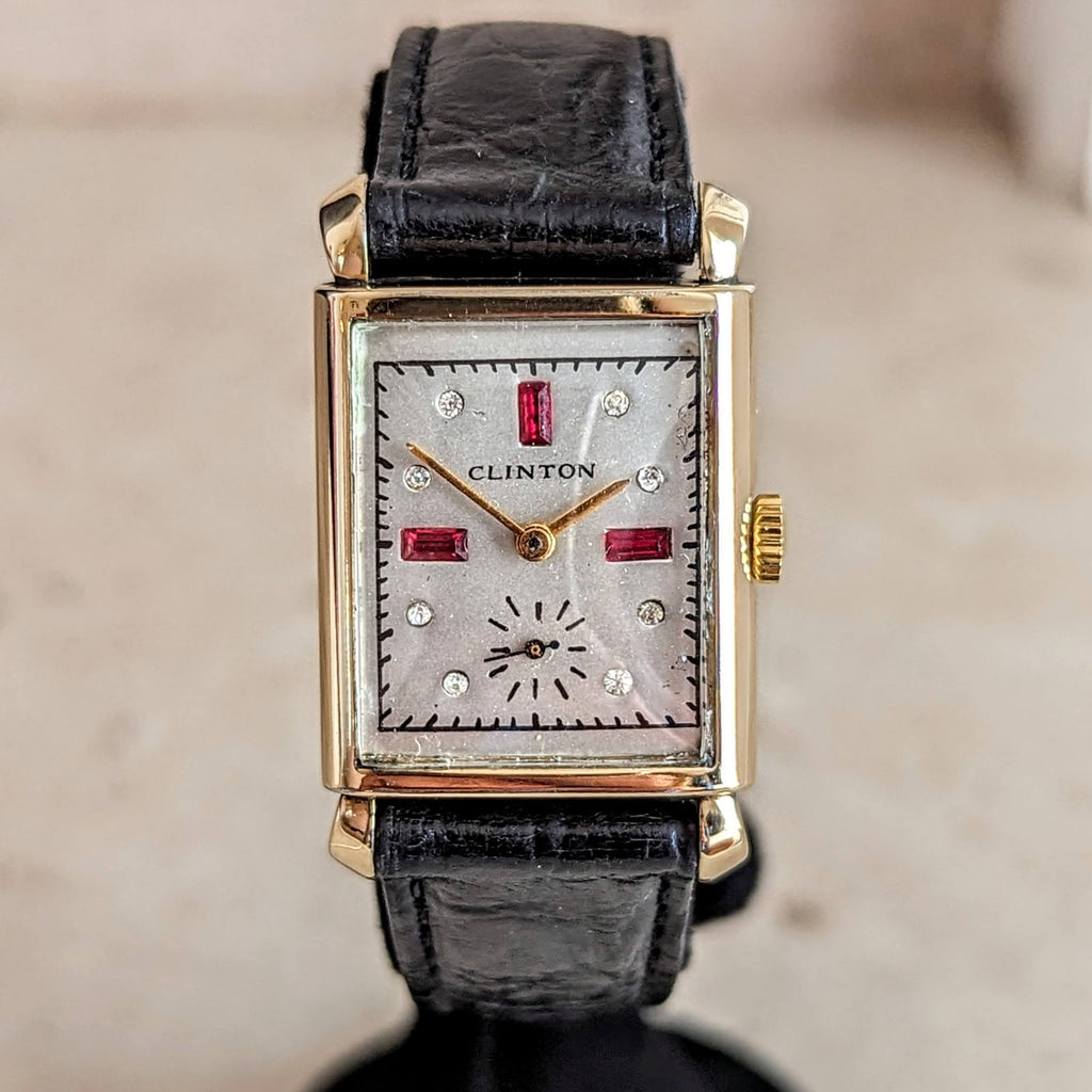 CLINTON Dress Wristwatch 17 Jewels Tank Case Fancy Dial Swiss Made Vin ...