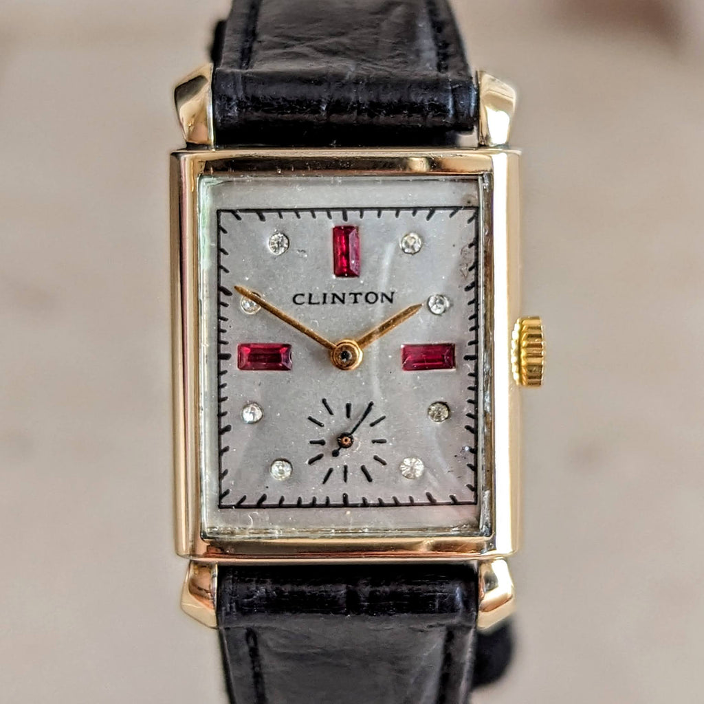 CLINTON Dress Wristwatch 17 Jewels Tank Case Fancy Dial Swiss Made Vin ...