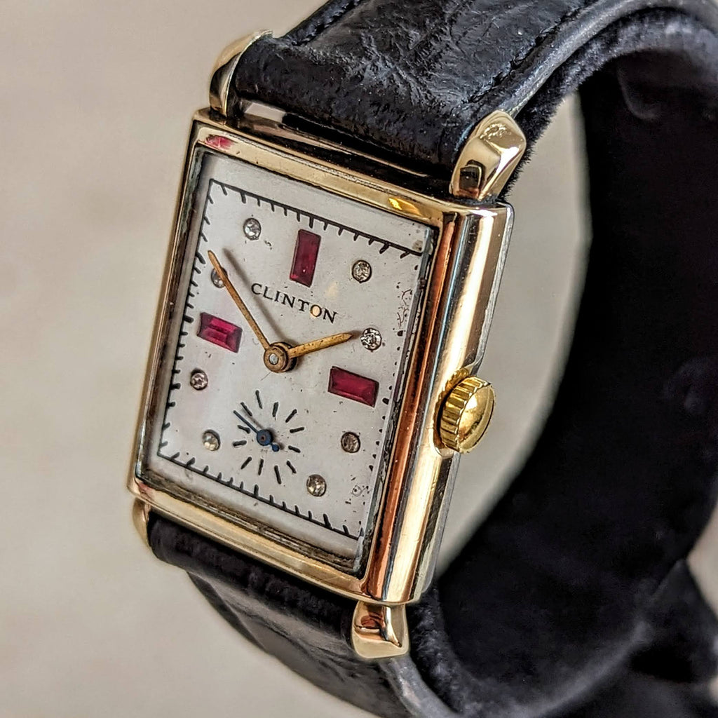 CLINTON Dress Wristwatch 17 Jewels Tank Case Fancy Dial Swiss Made Vin ...
