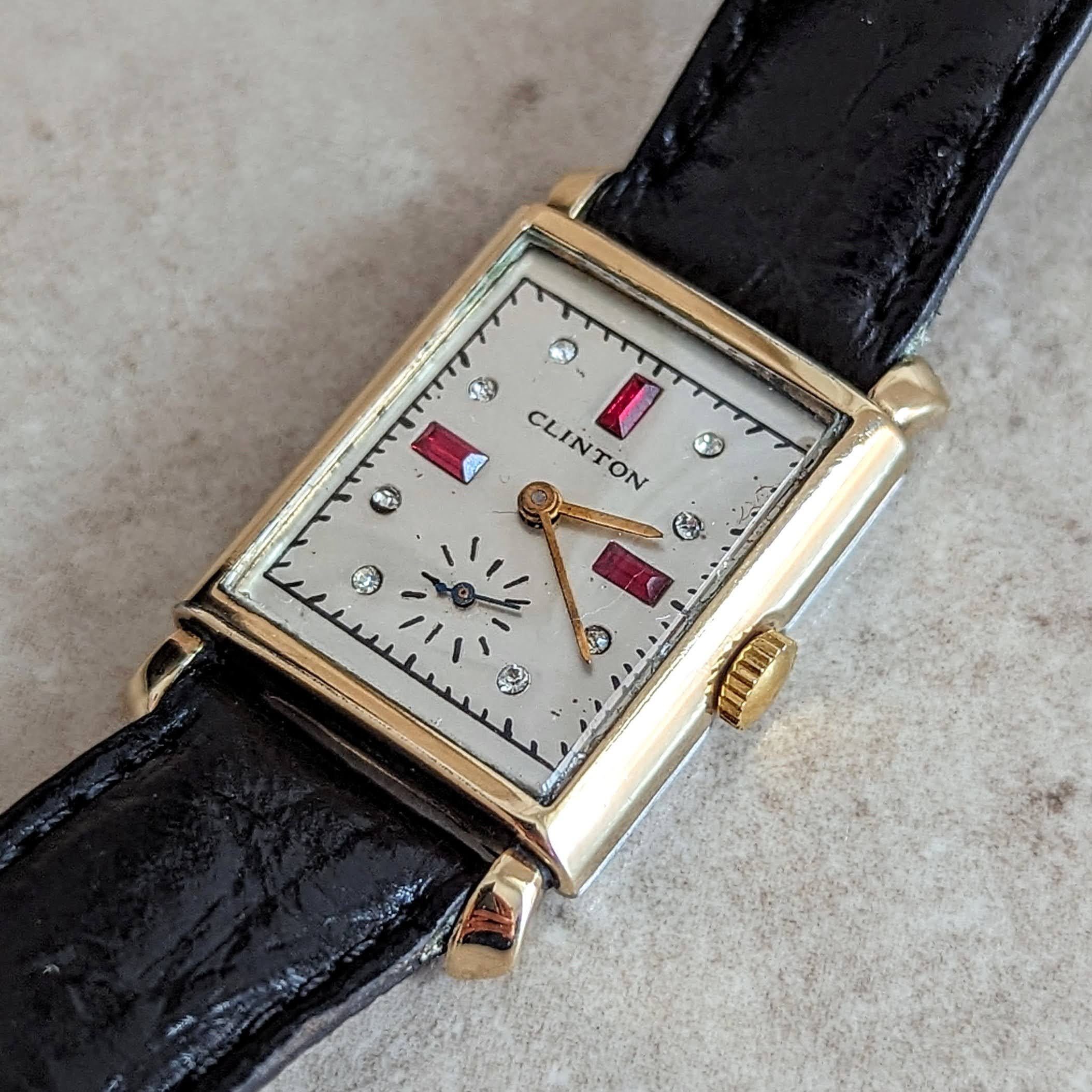 CLINTON Dress Wristwatch 17 Jewels Tank Case Fancy Dial Swiss Made Vintage Watch