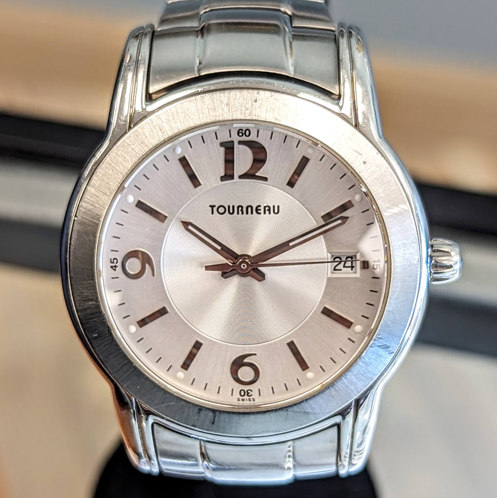 TOURNEAU Swiss Quartz Watch Date Indicator 37mm Wristwatch All Stain SECOND HAND HOROLOGY