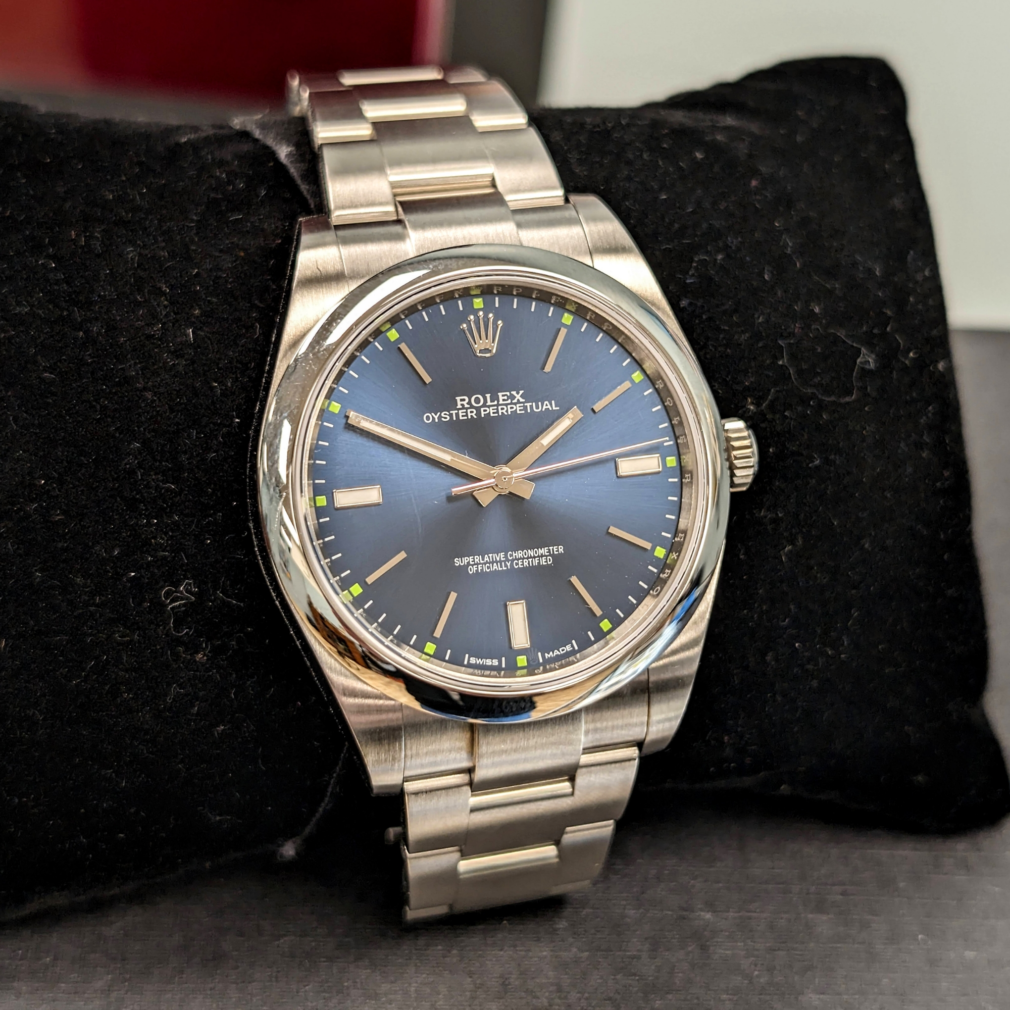 ROLEX Oyster Perpetual 39mm Ref. 114300 Blue Dial Superlative Chronometer Officially Certified Watch