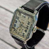 1930 ELGIN Watch 17 Jewels Grade 489 Art Deco Tank Case 14K White GF Wristwatch