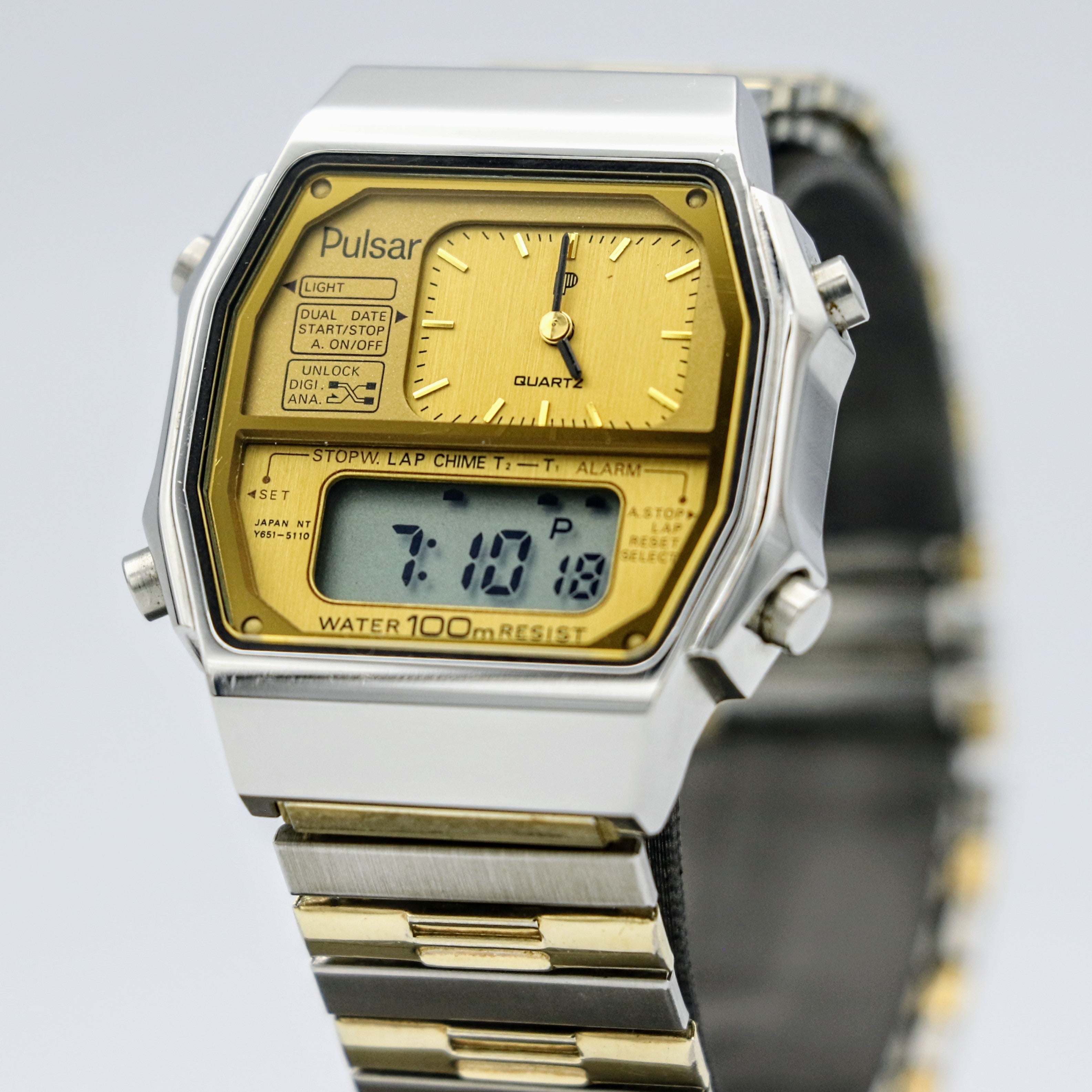 PULSAR Ana Digi Dual Time Wristwatch Cal. 5130 Original Bracelet Vint SECOND HAND HOROLOGY