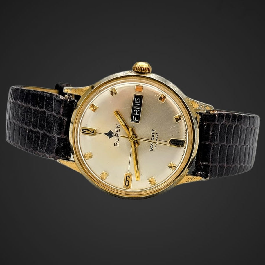 BUREN Day Date Watch 17 Jewels SECOND HAND HOROLOGY