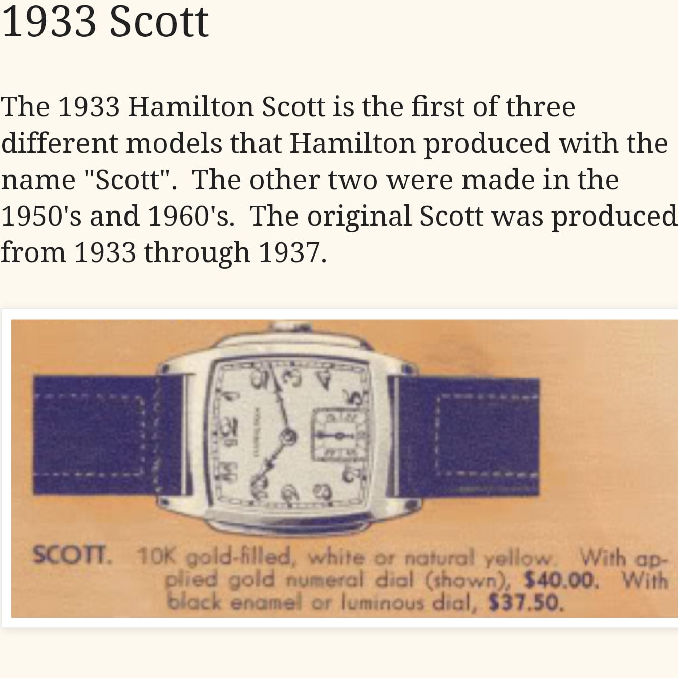 1935 HAMILTON Scott Watch Grade 987-F Vintage Wristwatch