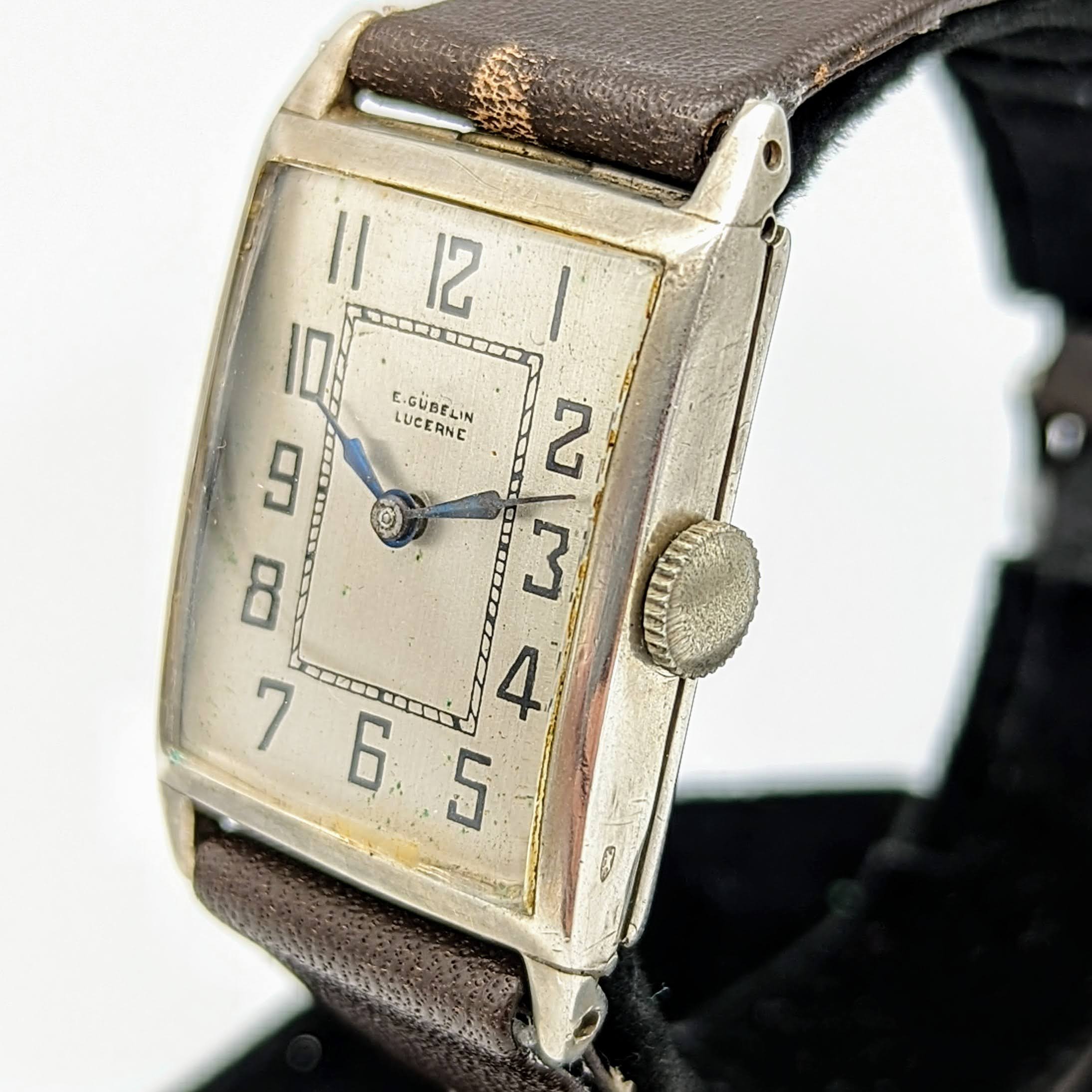 1952's E. GUBELIN LUCERNE Silver Art Deco Watch Swiss Made Wristwatch