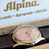 1940s ALPINA Watch 14K GOLD Vintage Wristwatch - Rose Gold Dial - Original BOX!