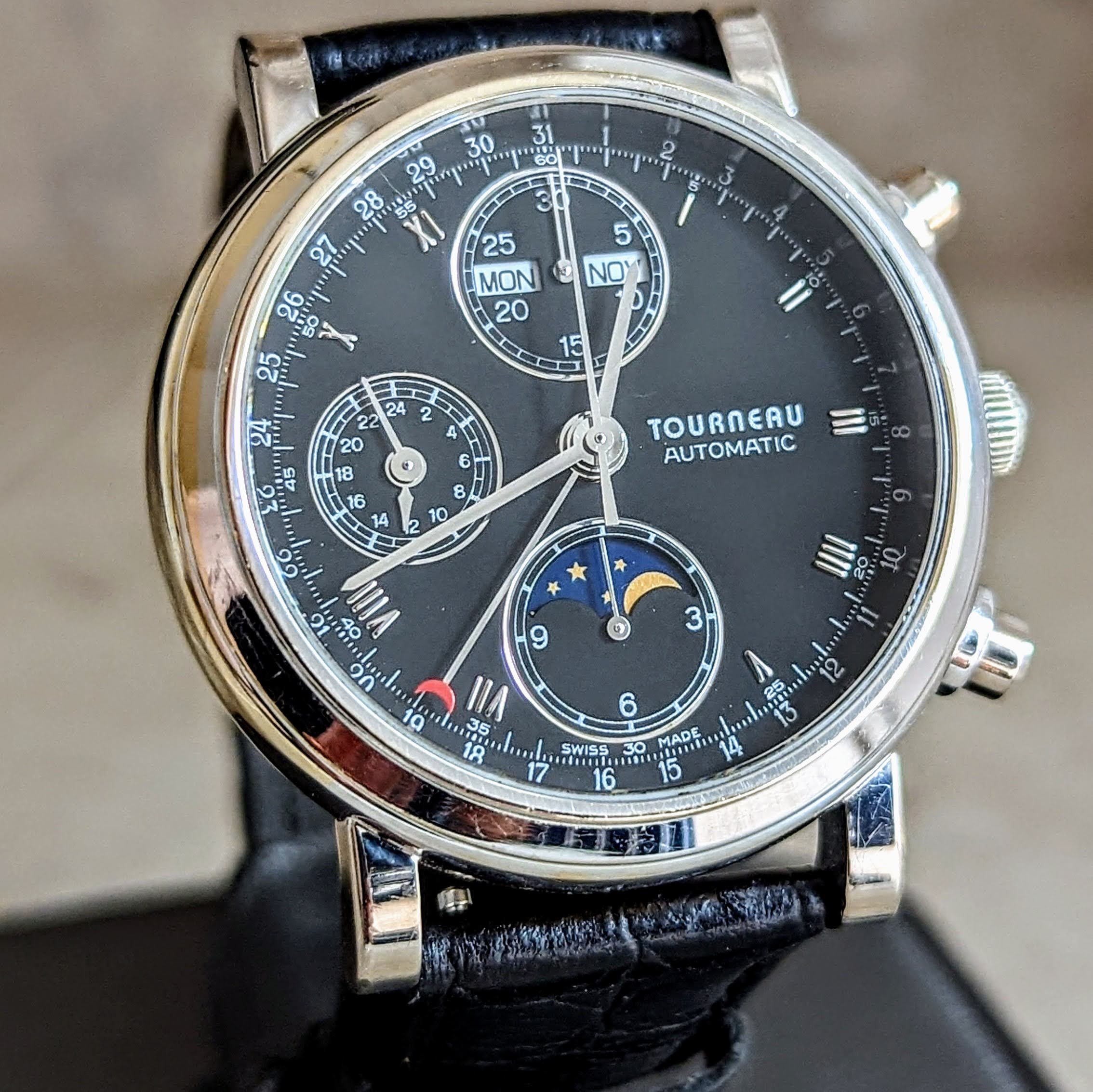 TOURNEAU Automatic Watch Day/Date Moonphase Chronograph 18K Gold Wristwatch