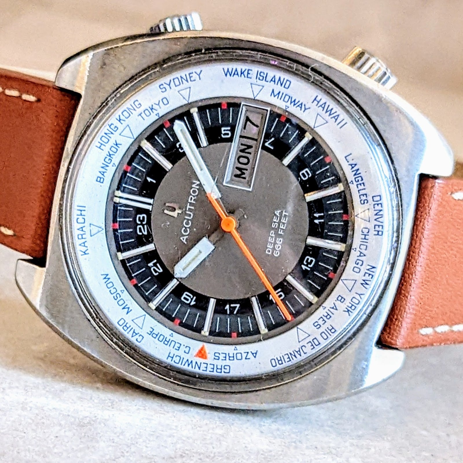 BULOVA Accutron Deep Sea World Timer Watch Vintage 1970 Wristwatch