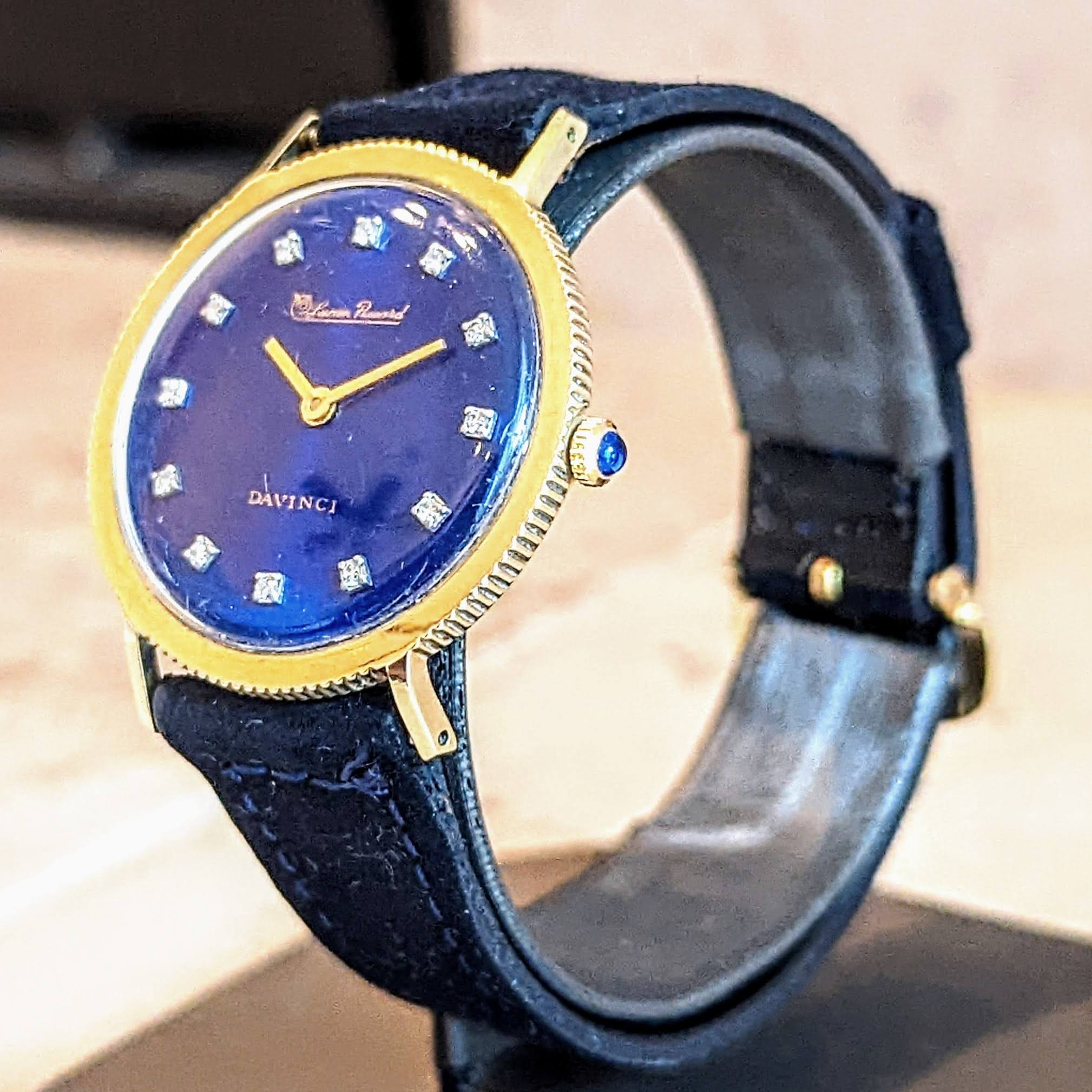 LUCIEN PICCARD Davinci Watch Blue Dial 14K GOLD Mechanical Wristwatch SECOND HAND HOROLOGY