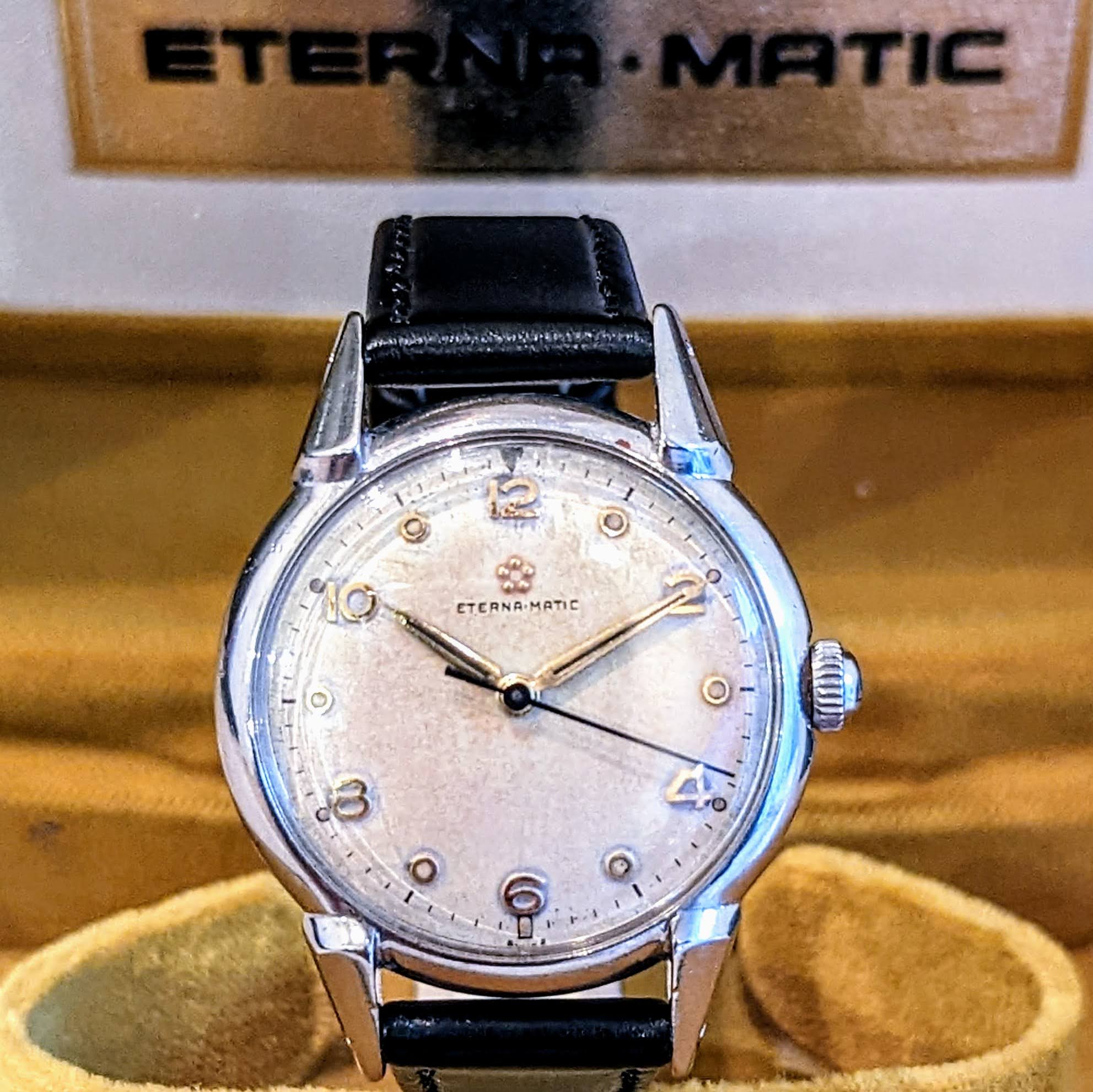 1950s ETERNA-MATIC Watch Vintage Automatic Wristwatch Fancy Lugs! - Box + Papers!