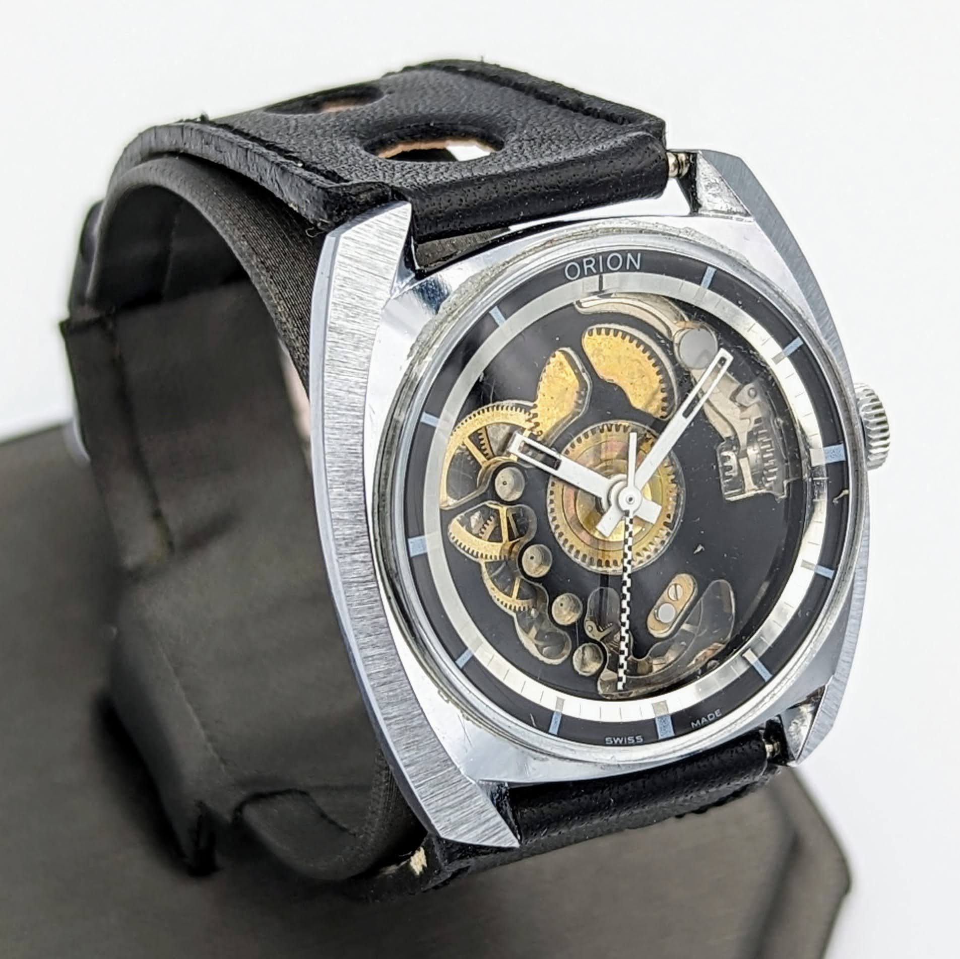 Vintage ORION Wristwatch Skeleton Design Watch Swiss Movement 1 Jewel Orig Strap