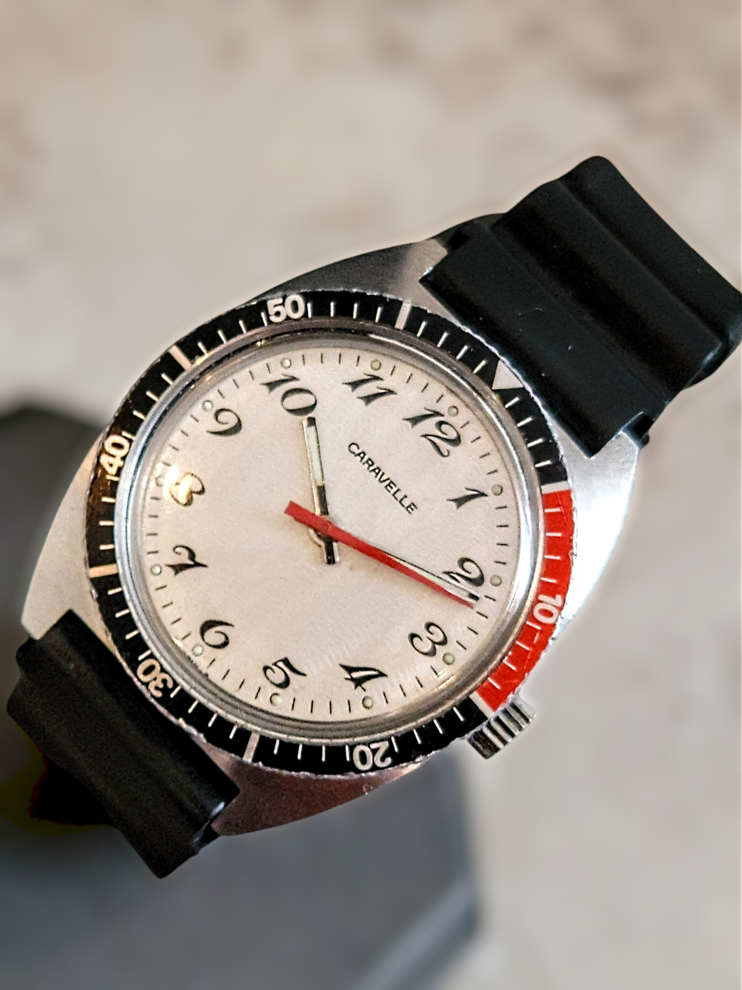 1977 CARAVELLE By Bulova Diver Watch Pepsi Bezel All S. Steel SECOND HAND HOROLOGY