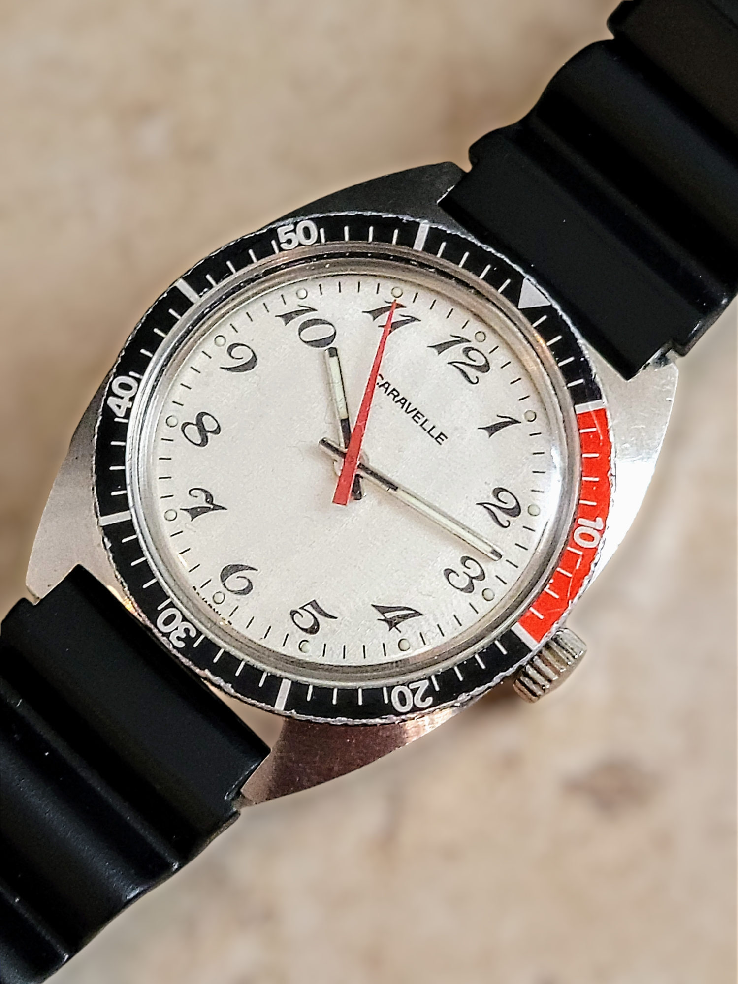 1977 CARAVELLE By Bulova Diver Watch Pepsi Bezel All S. Steel SECOND HAND HOROLOGY