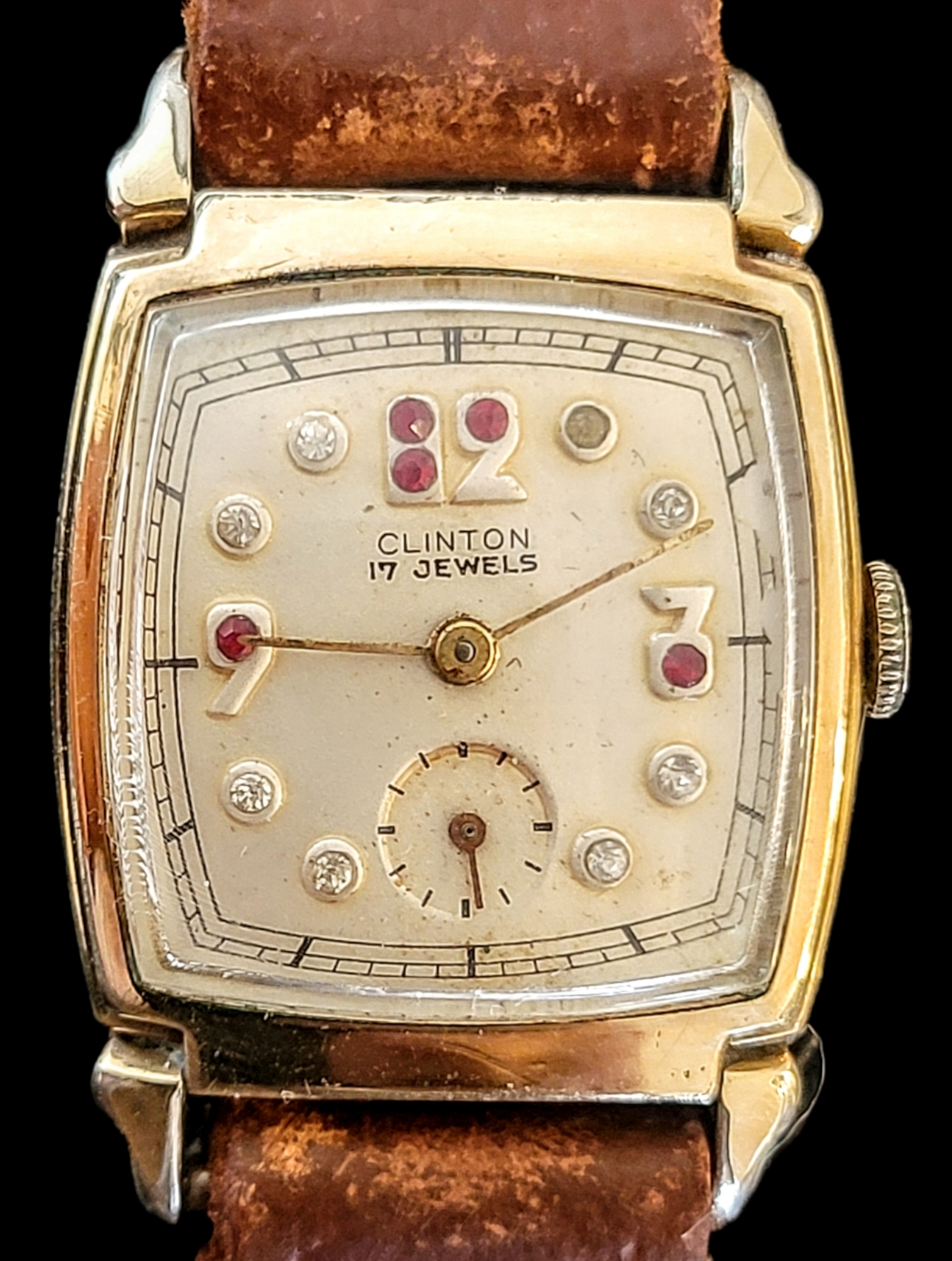 1940 s CLINTON Watch Ruby Diamond Dial 17 Jewels Swiss SECOND HAND HOROLOGY
