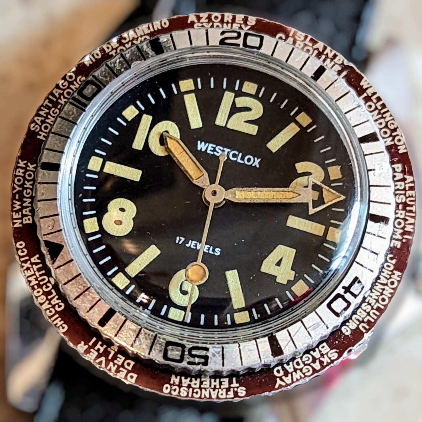 WESTCLOX Dual Bezel Diver Watch World Timer Wristwatch 17 Jewels